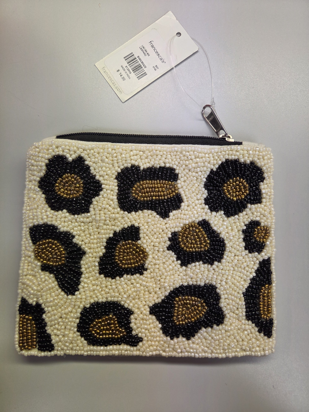 Francesca's Collections Beaded Leopard Zip Pouch - Ivory, Black & Gold